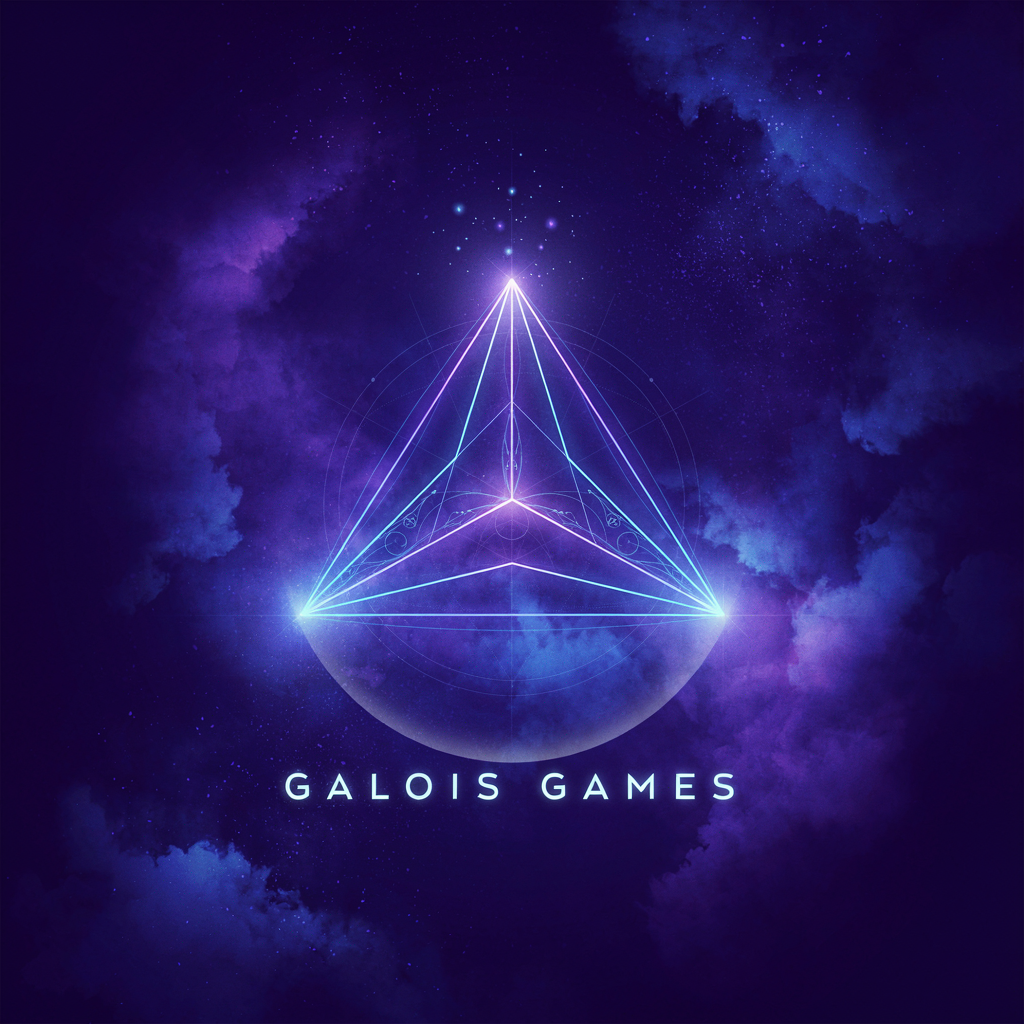 Galois Games geometric emblem against a blue space background